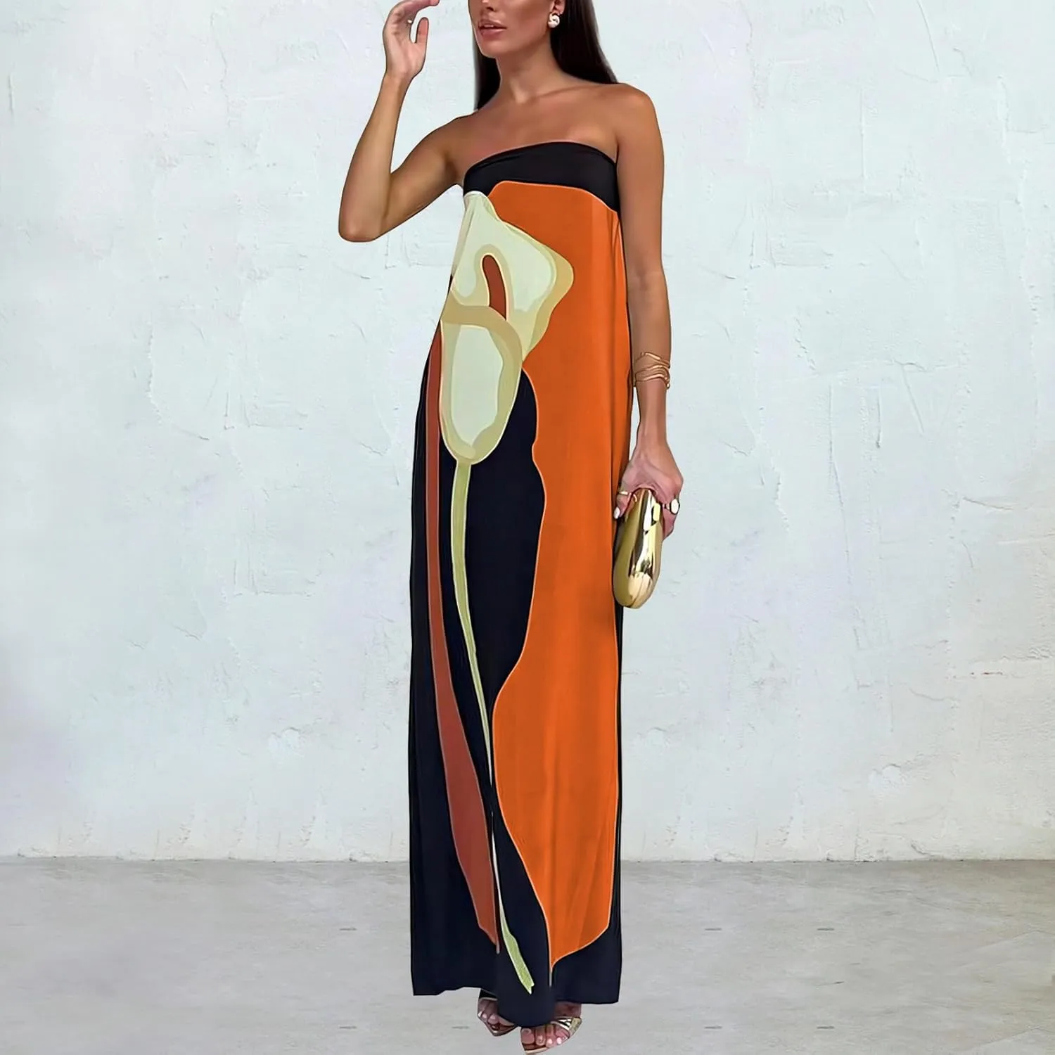 ACOSAP Women Y2k Strapless Maxi Dress Summer Backless Floral Long Tube Dress Off Shoulder Cocktail Party Dress