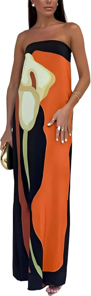 ACOSAP Women Y2k Strapless Maxi Dress Summer Backless Floral Long Tube Dress Off Shoulder Cocktail Party Dress