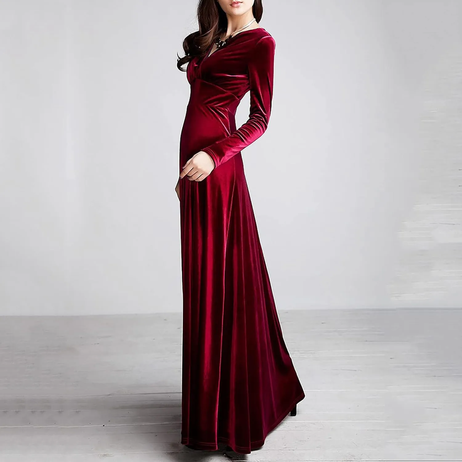 ADHOWBEW Velvet Dress for Women Elegant Long Sleeve Maxi Dress Flowy V Neck Formal Long Prom Dress