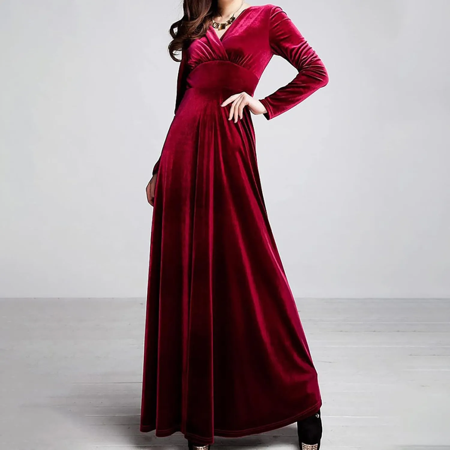 ADHOWBEW Velvet Dress for Women Elegant Long Sleeve Maxi Dress Flowy V Neck Formal Long Prom Dress