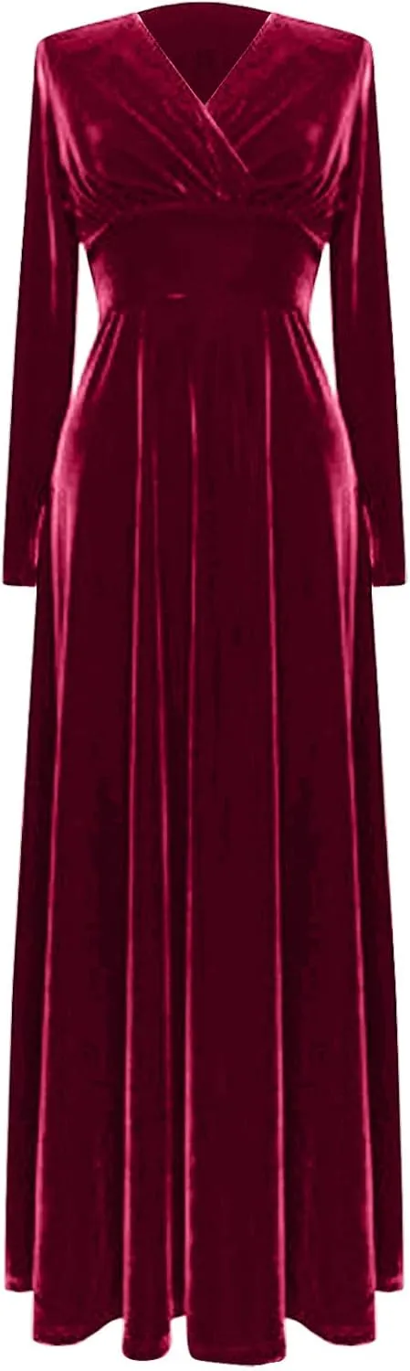 ADHOWBEW Velvet Dress for Women Elegant Long Sleeve Maxi Dress Flowy V Neck Formal Long Prom Dress