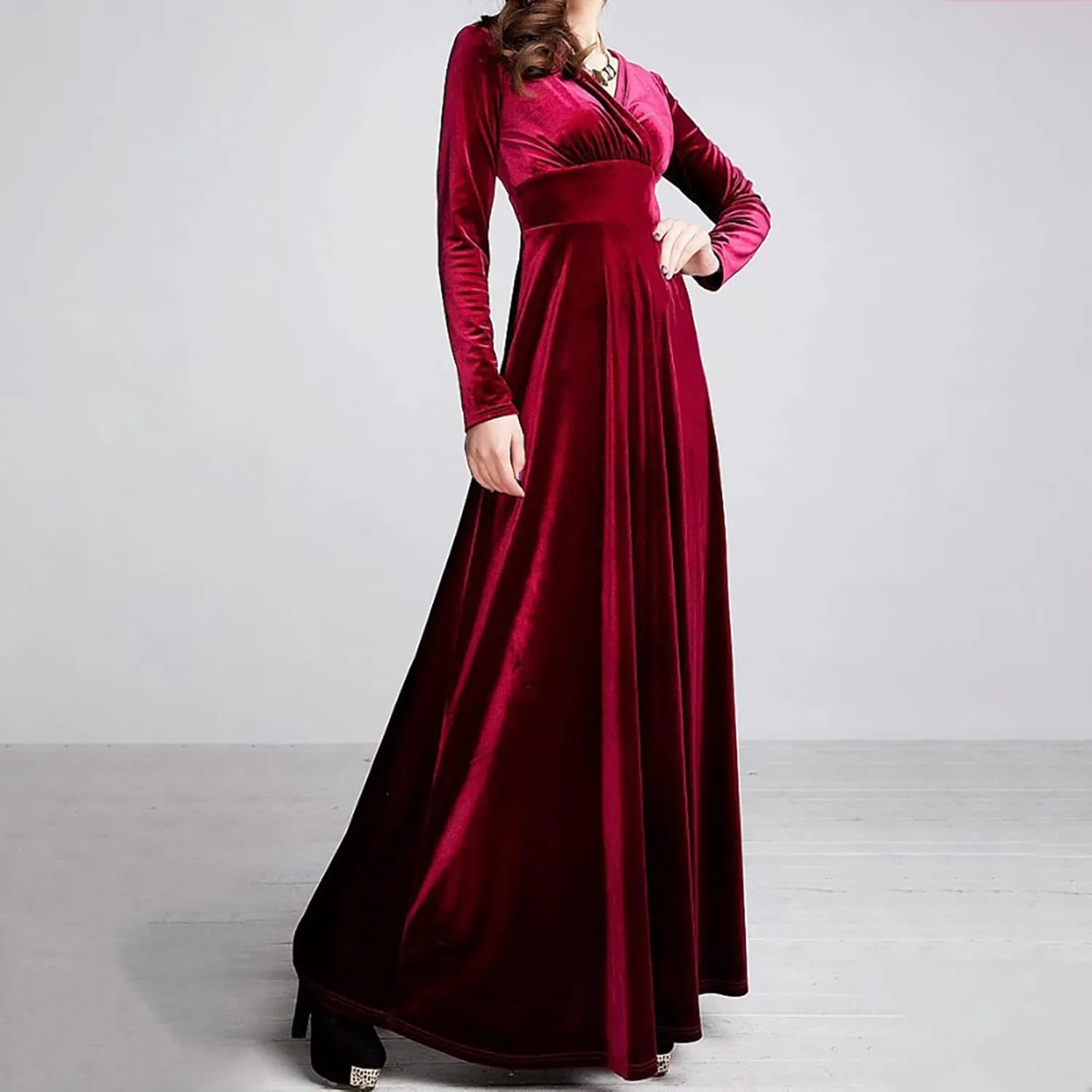 ADHOWBEW Velvet Dress for Women Elegant Long Sleeve Maxi Dress Flowy V Neck Formal Long Prom Dress