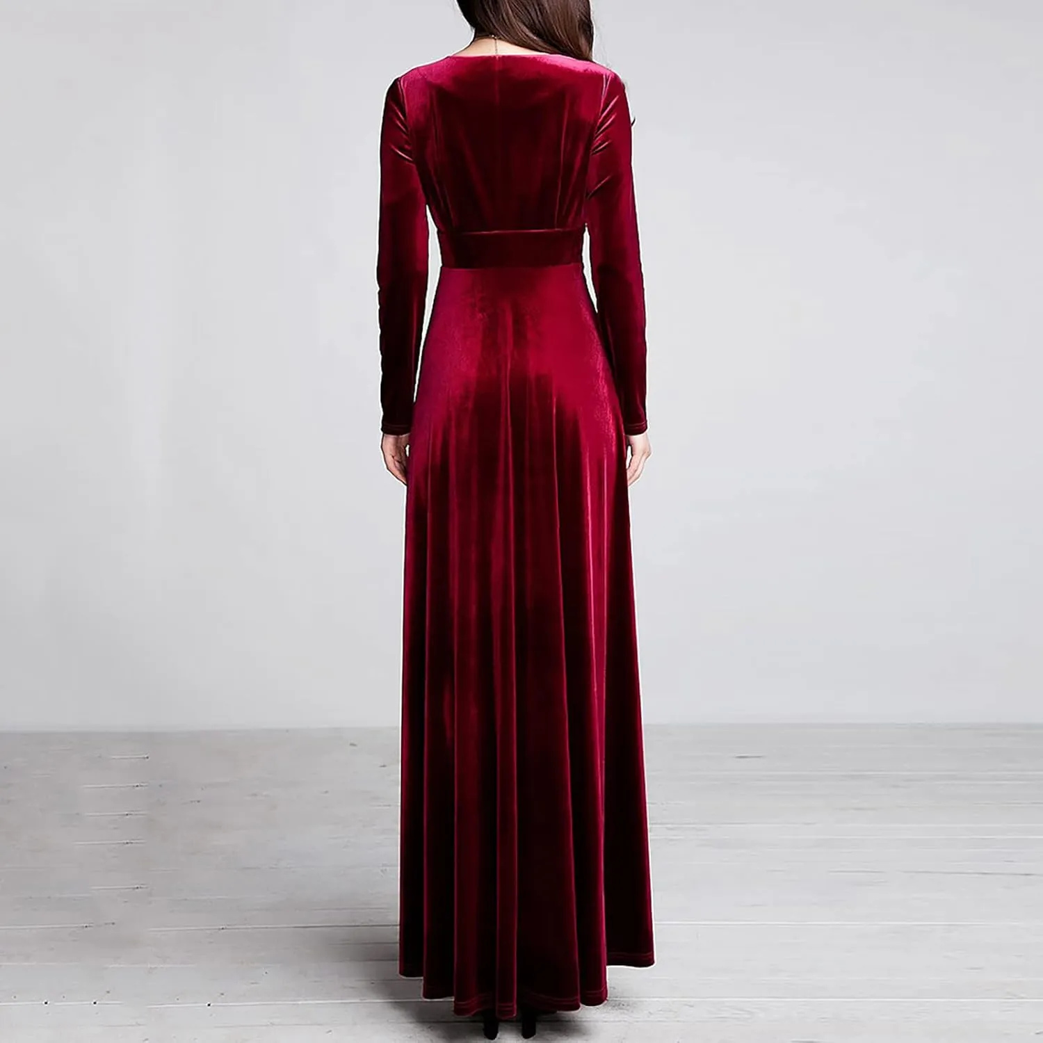 ADHOWBEW Velvet Dress for Women Elegant Long Sleeve Maxi Dress Flowy V Neck Formal Long Prom Dress