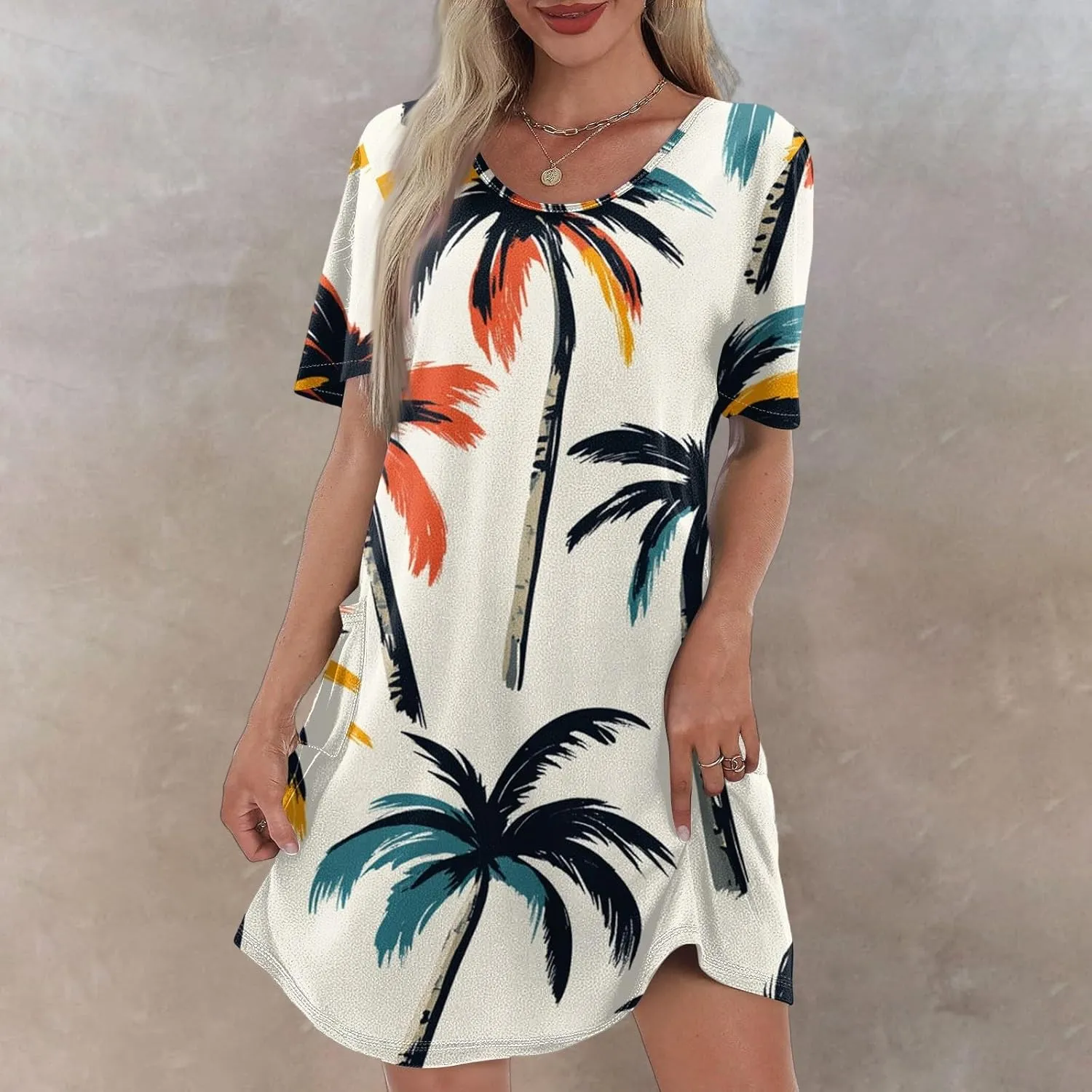Beach Vacation Clothes for Women Summer Spring Dresses 2025 Middle Sleeve Round Neck Casual Sundress with Pocket