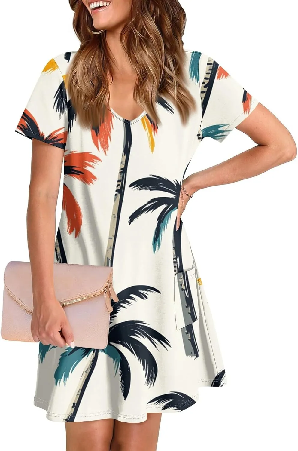 Beach Vacation Clothes for Women Summer Spring Dresses 2025 Middle Sleeve Round Neck Casual Sundress with Pocket