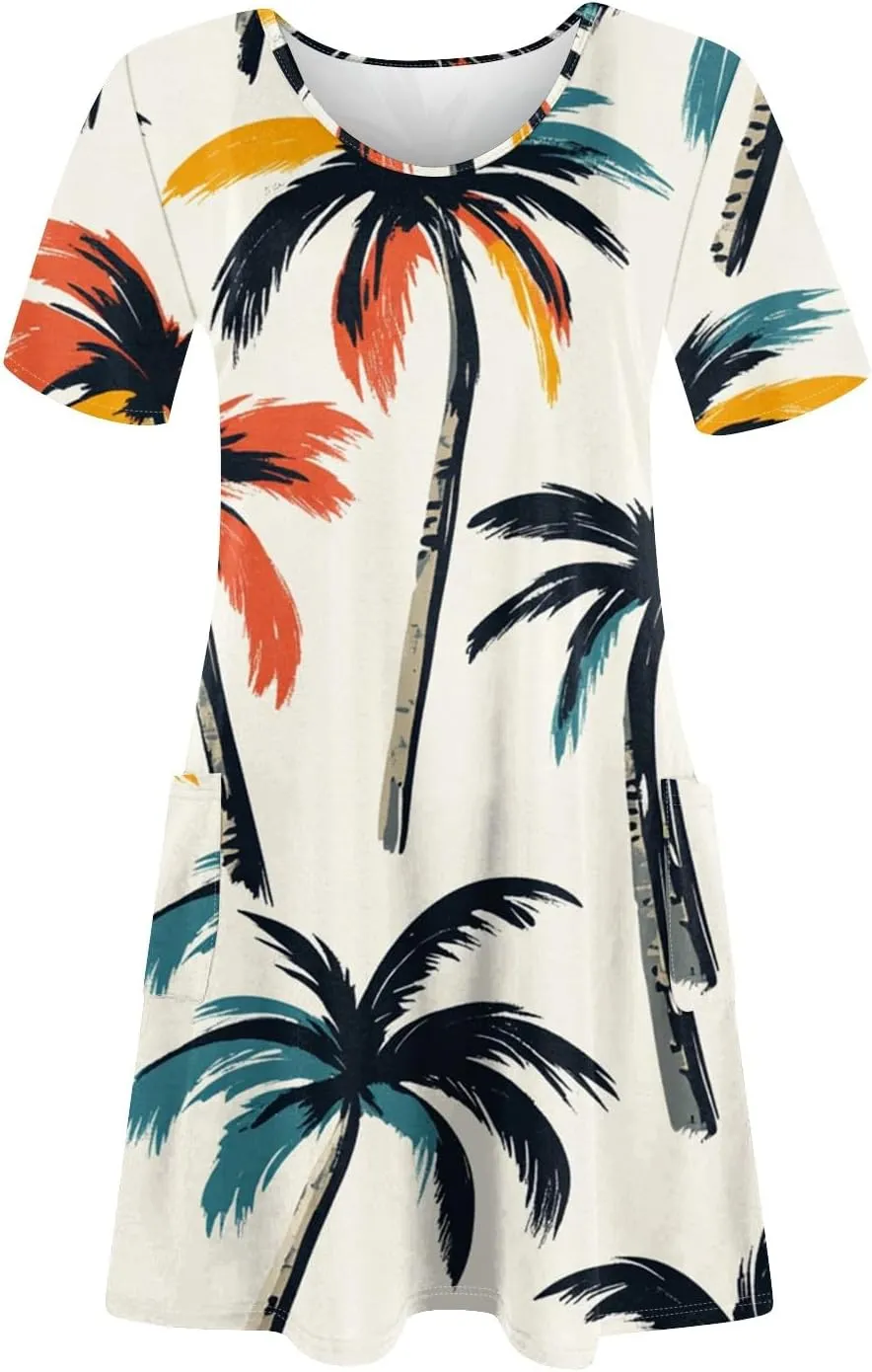 Beach Vacation Clothes for Women Summer Spring Dresses 2025 Middle Sleeve Round Neck Casual Sundress with Pocket