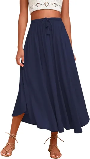 Boho Maxi Skirts for Women Summer Flowy Drawstring High Waist Skirt Casual Lightweight Ruffle Hem A Line Long Skirts