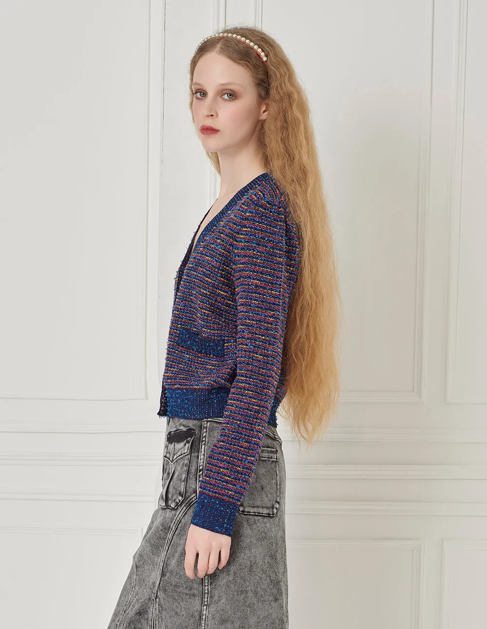 BORA AKSU Imitation Tweed Small Fragrant V-Neck Mixed Color Knitted Cardigan