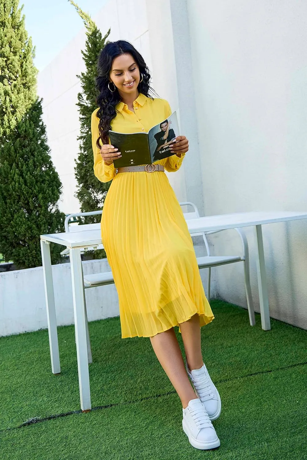 Business Casual Shirt Dress for Women Long Sleeves Pleated Midi Dresses with Belt