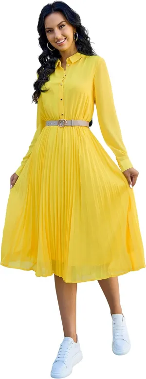 Business Casual Shirt Dress for Women Long Sleeves Pleated Midi Dresses with Belt