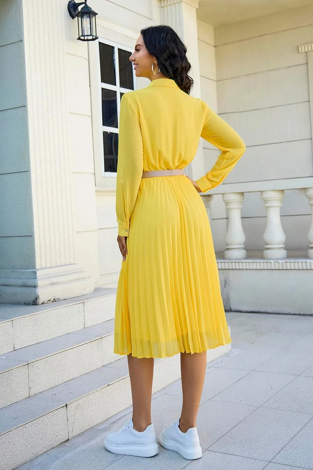 Business Casual Shirt Dress for Women Long Sleeves Pleated Midi Dresses with Belt