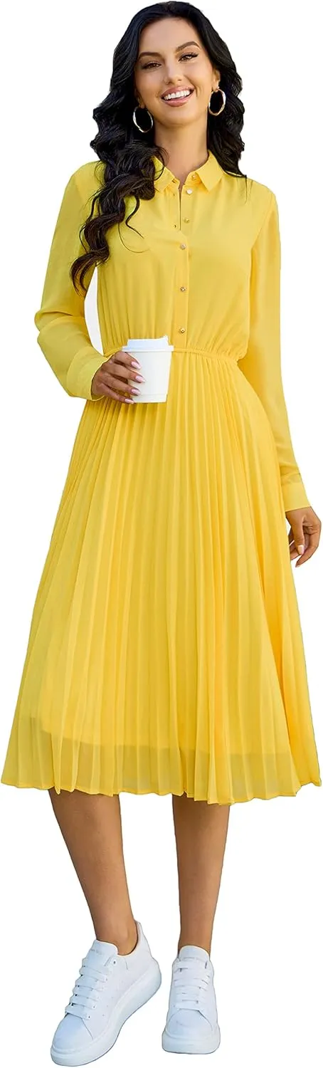 Business Casual Shirt Dress for Women Long Sleeves Pleated Midi Dresses with Belt