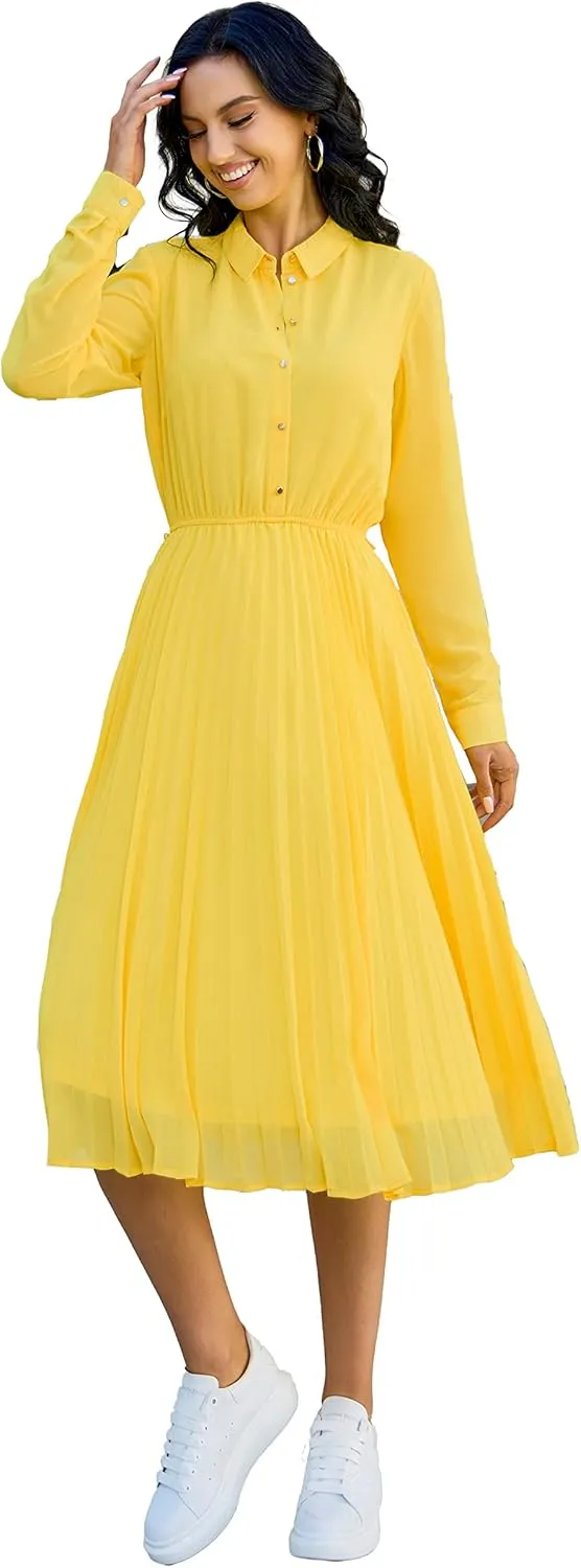 Business Casual Shirt Dress for Women Long Sleeves Pleated Midi Dresses with Belt