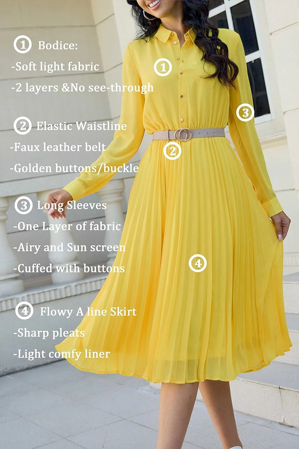 Business Casual Shirt Dress for Women Long Sleeves Pleated Midi Dresses with Belt