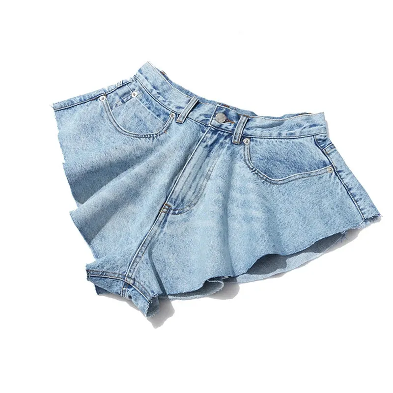 Casual Denim Shorts Skirts High Waist Ruffle Hem Loose Ruched Short Pants Female Fashion Clothing Spring
