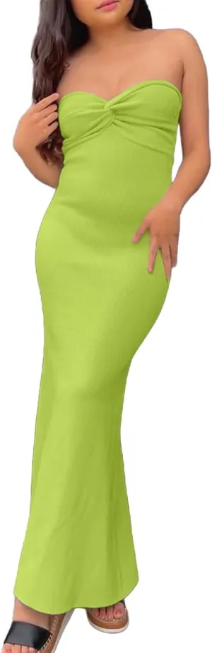 Casual Summer Dresses for Women 2025,Sexy Twist Knot Front Ribbed Knit Bodycon Bandeau Tube Dress Solid Strapless Dress