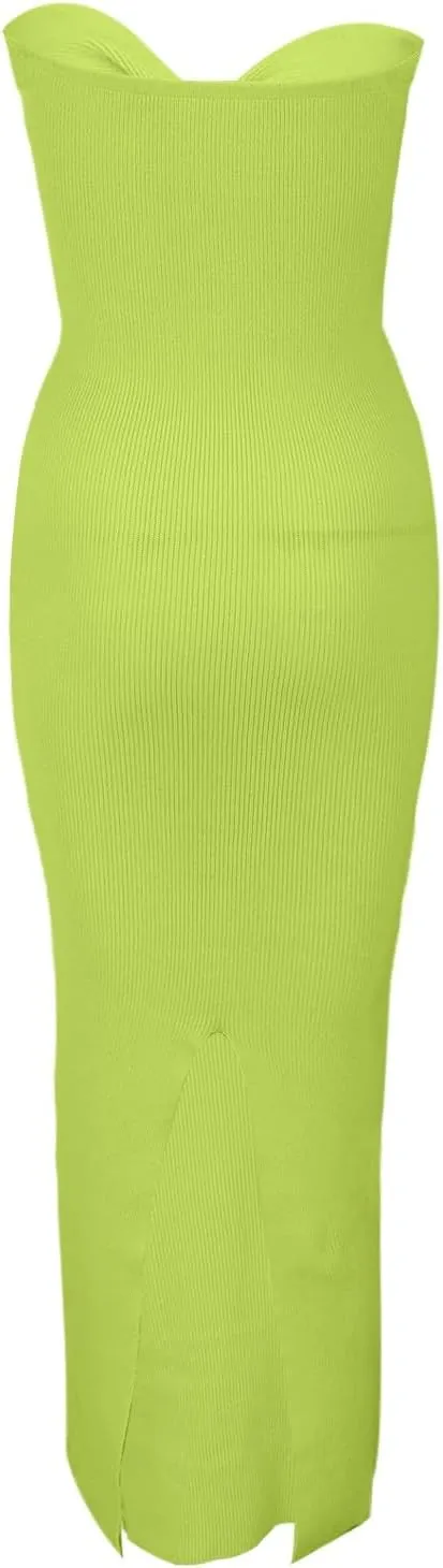Casual Summer Dresses for Women 2025,Sexy Twist Knot Front Ribbed Knit Bodycon Bandeau Tube Dress Solid Strapless Dress