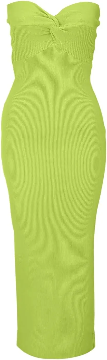 Casual Summer Dresses for Women 2025,Sexy Twist Knot Front Ribbed Knit Bodycon Bandeau Tube Dress Solid Strapless Dress