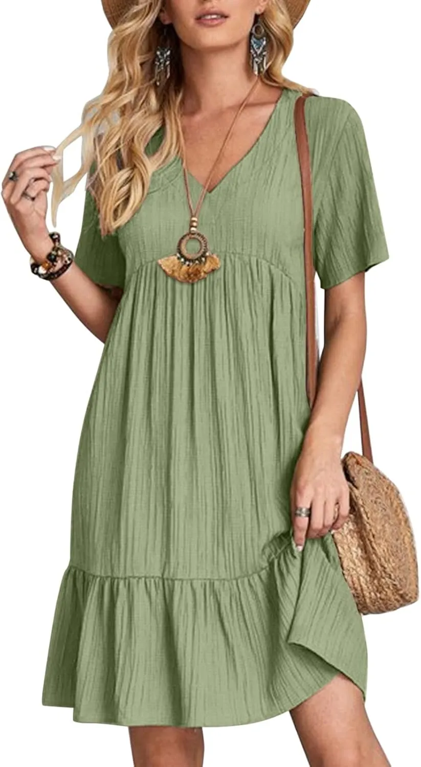 Casual Summer Dresses for Women 2025,Womens Summer Vacation Solid Color Sundresses with Sleeves Trendy Loose Beach Dress