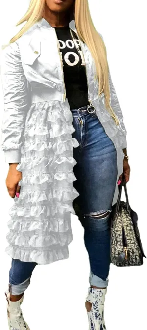 CHARTOU Women Zip Up Long Bomber Jacket Tiered Mesh Tulle Dress Sheer Jacket Trench Coat