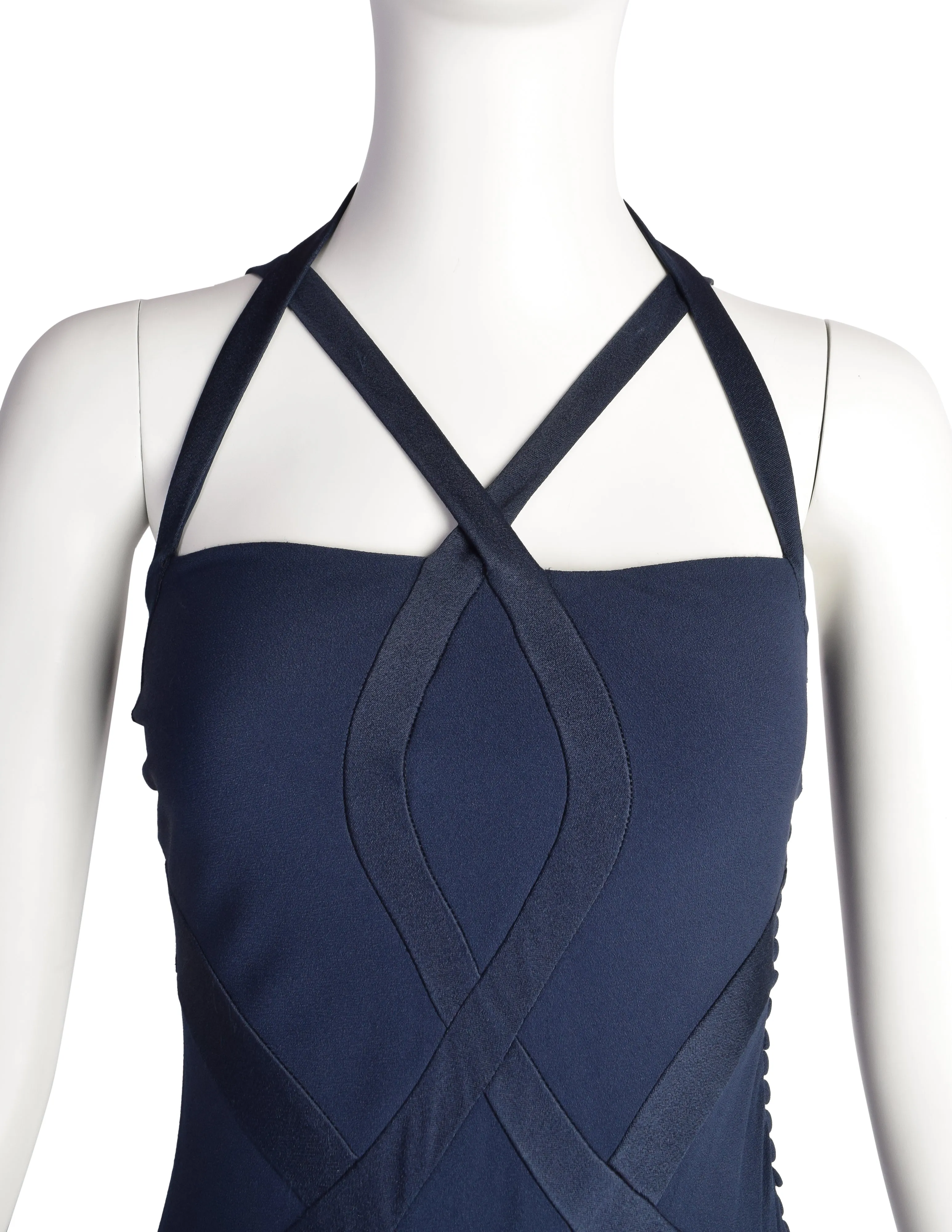 Christian Dior Vintage AW 2004 by John Galliano Navy Blue Bias Flare Silk Inlay Evening Gown