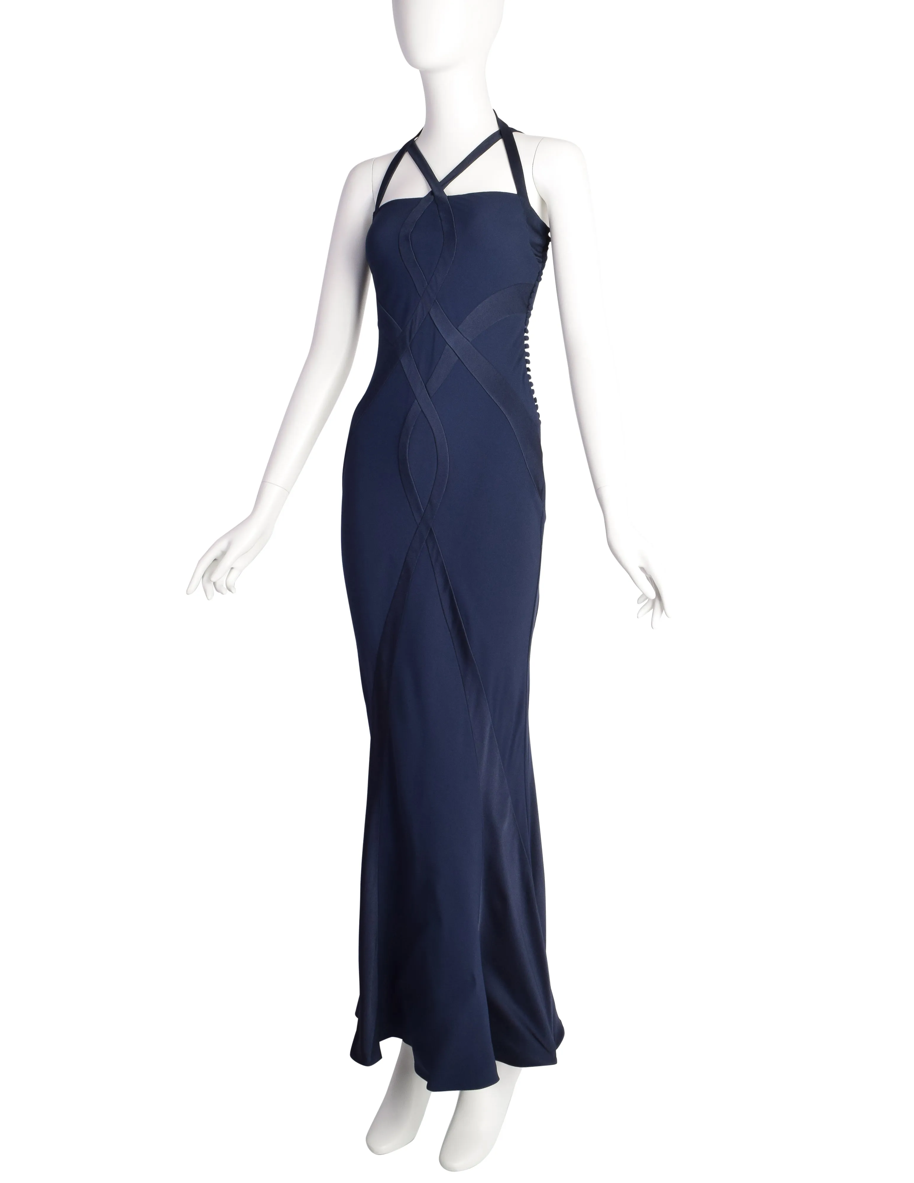 Christian Dior Vintage AW 2004 by John Galliano Navy Blue Bias Flare Silk Inlay Evening Gown