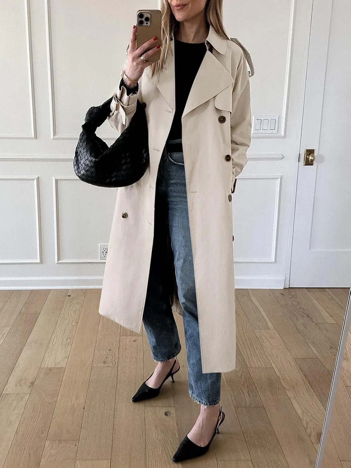 Cicy Bell Womens Long Trench Coat Double Breasted Classic Lapel Fall Overcoat with Belt