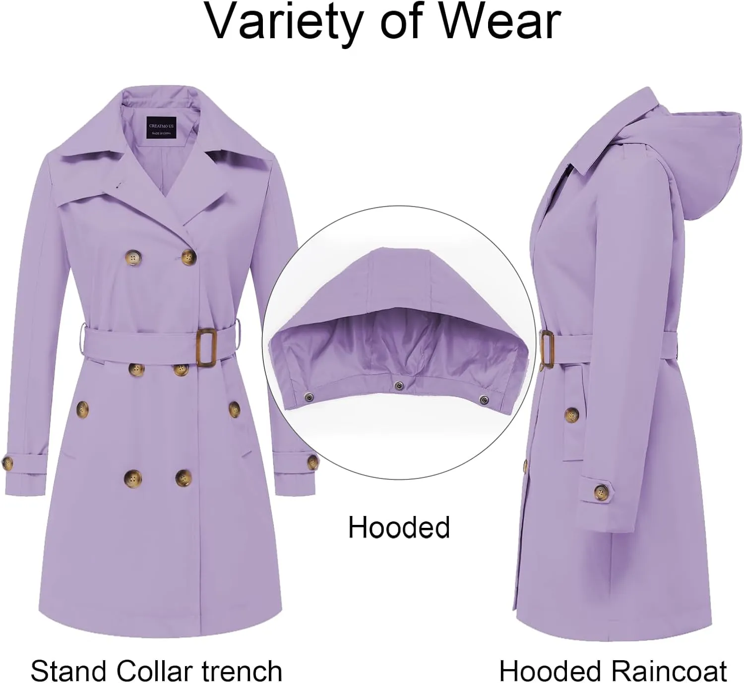 CREATMO US Women's Long Trench Coat Double-Breasted Classic Lapel Overcoat Belted Slim Outerwear Coat with Detachable Hood