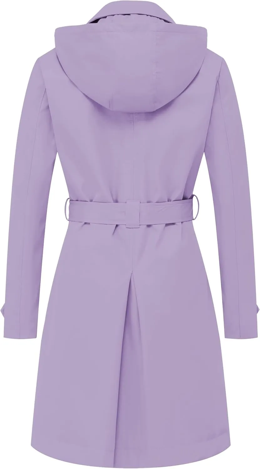 CREATMO US Women's Long Trench Coat Double-Breasted Classic Lapel Overcoat Belted Slim Outerwear Coat with Detachable Hood