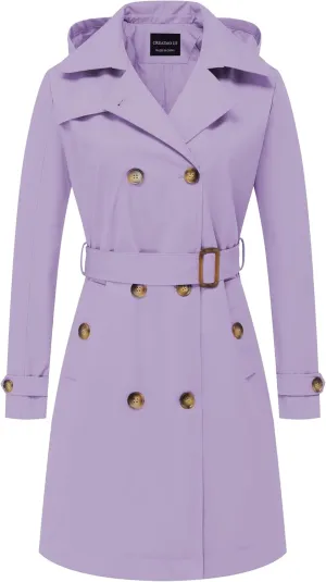 CREATMO US Women's Long Trench Coat Double-Breasted Classic Lapel Overcoat Belted Slim Outerwear Coat with Detachable Hood