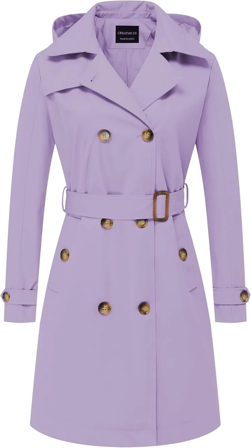 CREATMO US Women's Long Trench Coat Double-Breasted Classic Lapel Overcoat Belted Slim Outerwear Coat with Detachable Hood