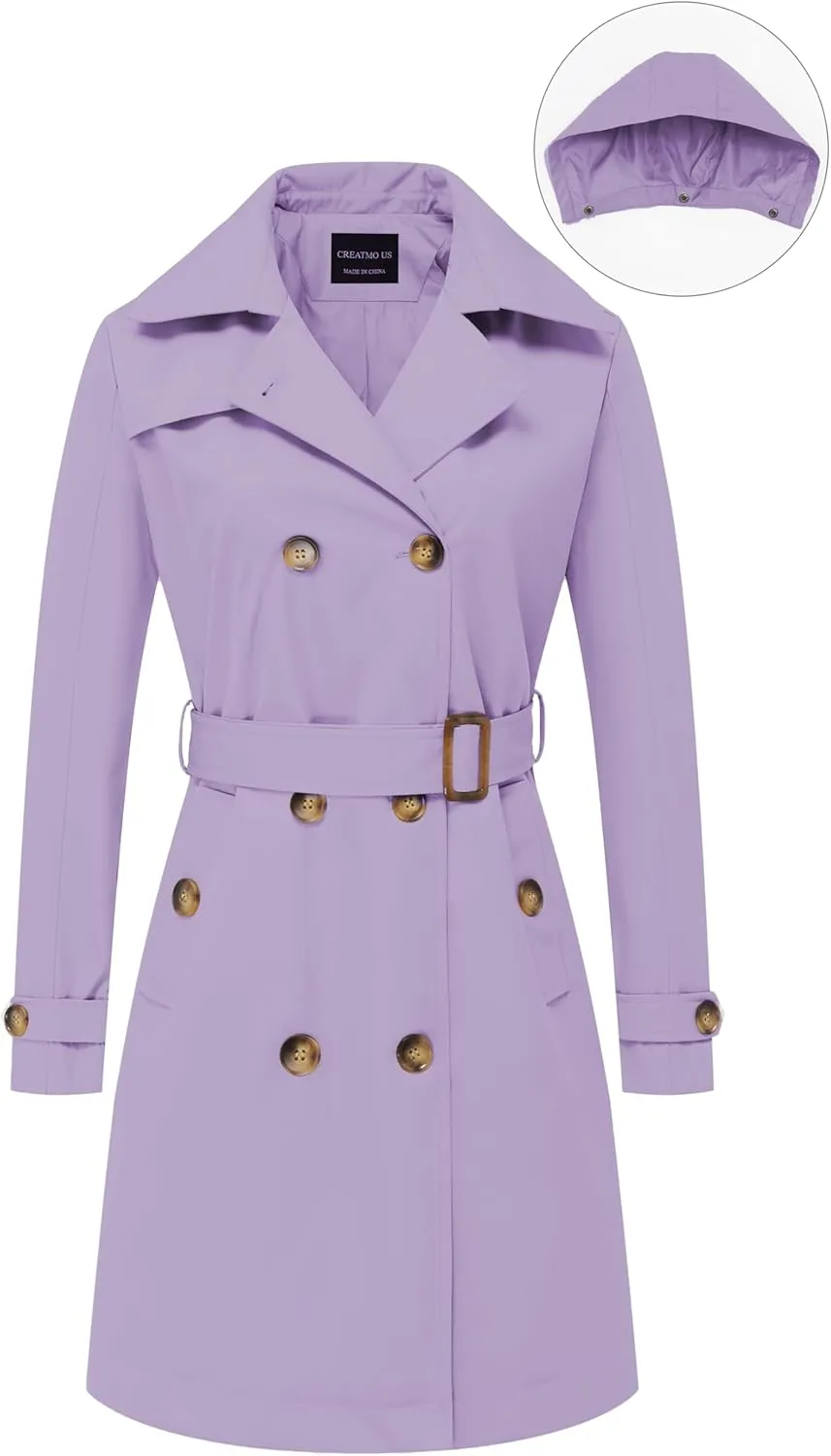 CREATMO US Women's Long Trench Coat Double-Breasted Classic Lapel Overcoat Belted Slim Outerwear Coat with Detachable Hood