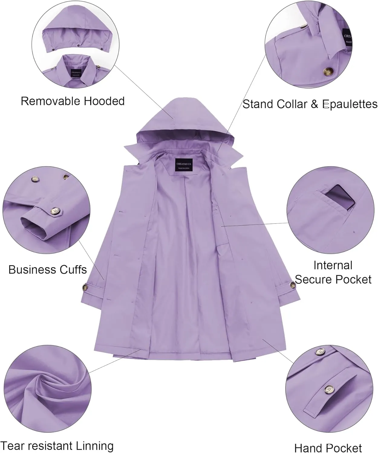 CREATMO US Women's Long Trench Coat Double-Breasted Classic Lapel Overcoat Belted Slim Outerwear Coat with Detachable Hood