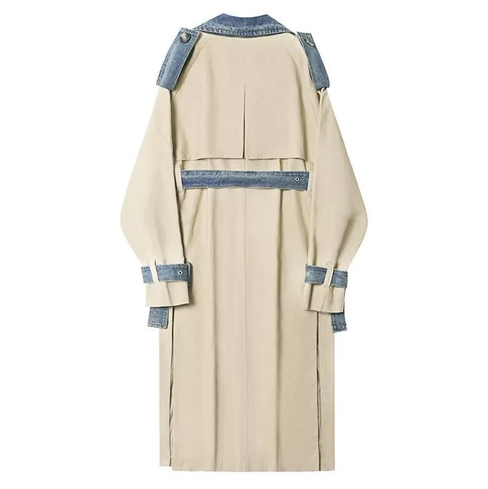 Denim Stitched Ulzzang Double Breasted Long Coat
