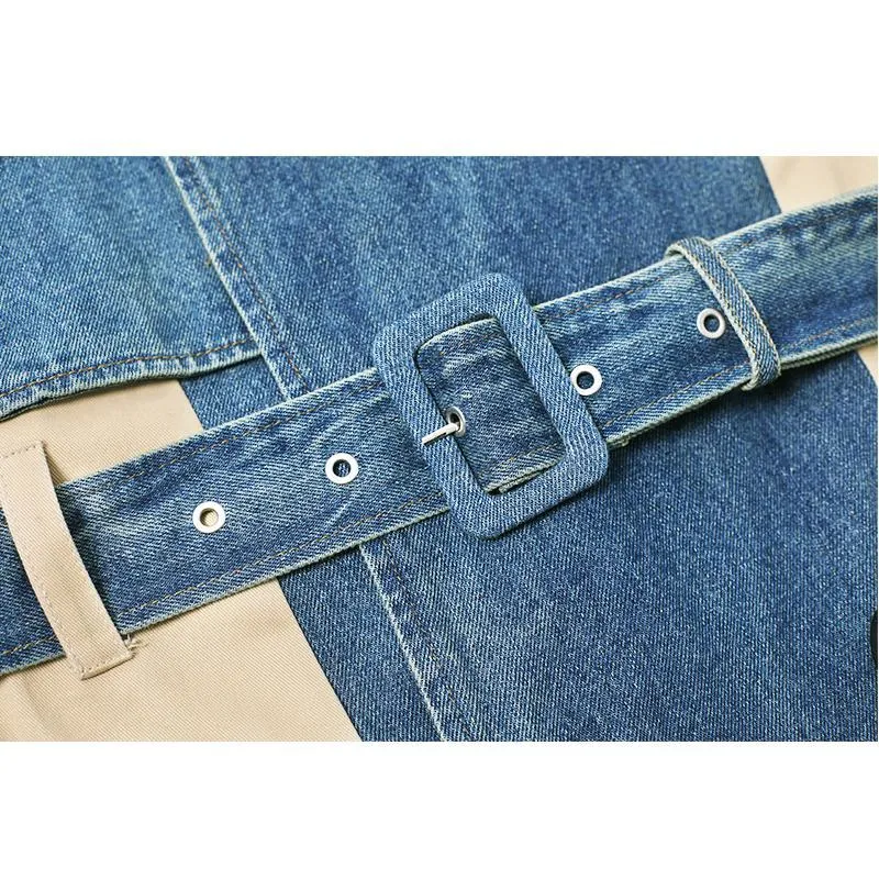 Denim Stitched Ulzzang Double Breasted Long Coat