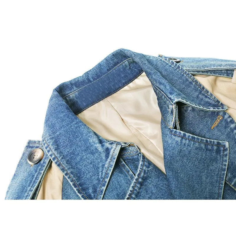 Denim Stitched Ulzzang Double Breasted Long Coat