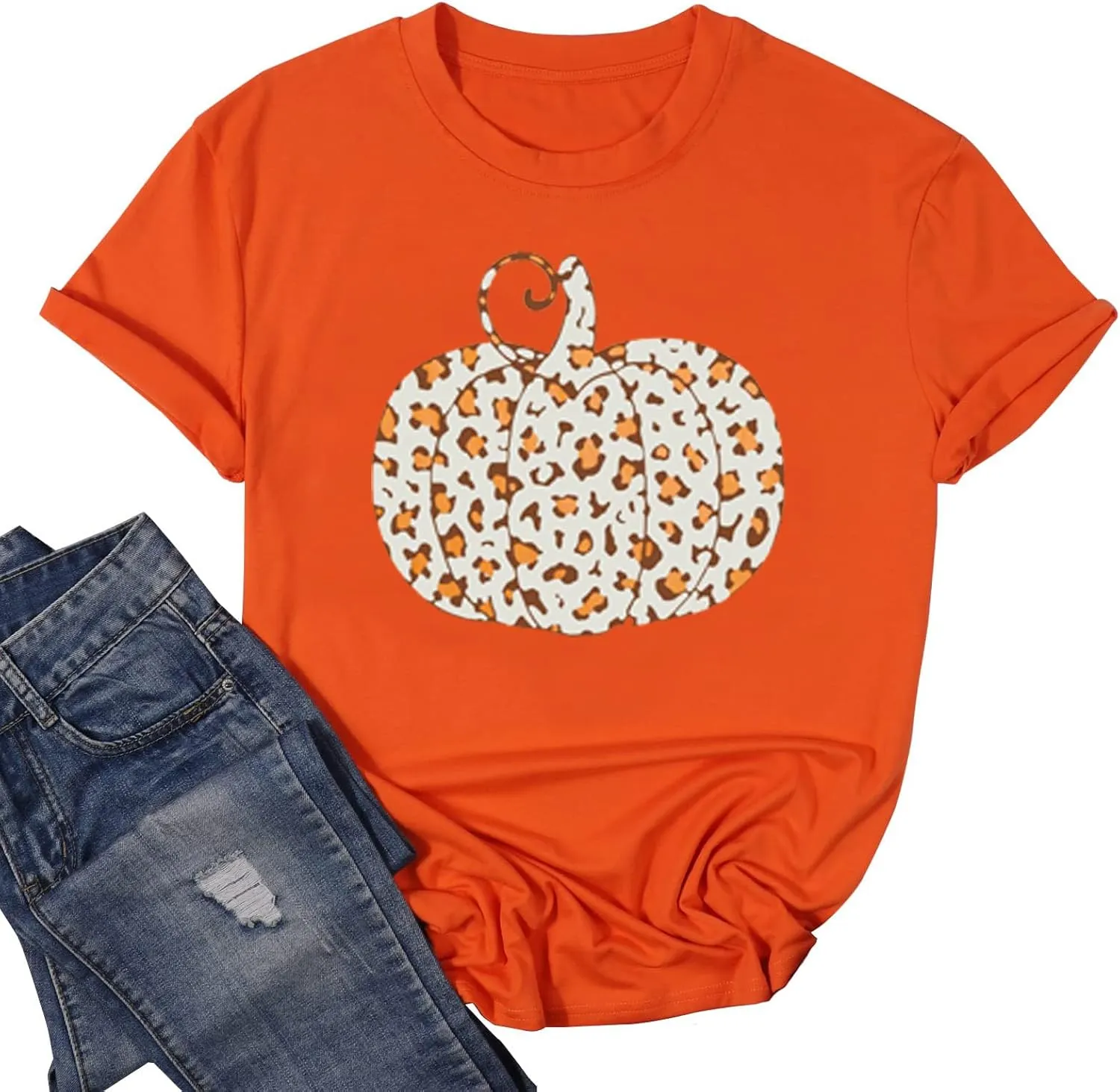 Fall Pumpkin Shirt Top Women Funny Halloween Plaid Leopard Shirt Autumn Thanksgiving Casual Graphic Tees