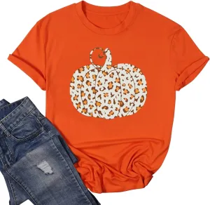Fall Pumpkin Shirt Top Women Funny Halloween Plaid Leopard Shirt Autumn Thanksgiving Casual Graphic Tees
