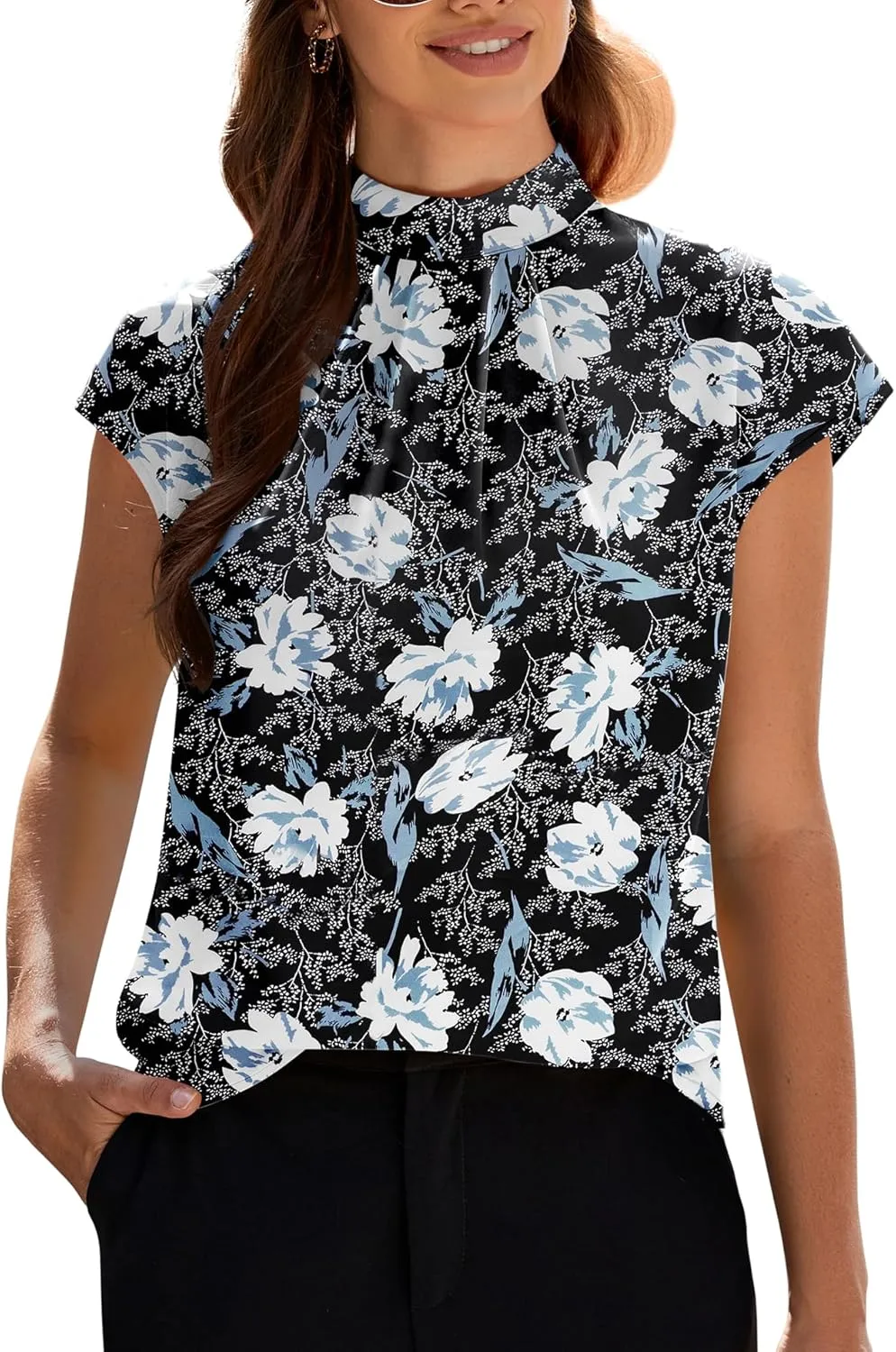 Funlingo Womens Summer Tops Mock Neck Short Cap Sleeve Blouses Business Casual Work Chiffon Shirts Front Pleated Tunic Top