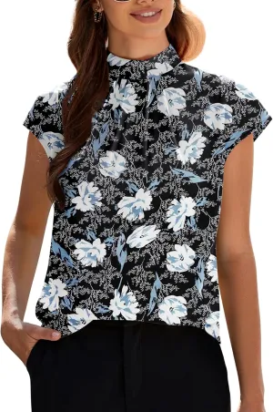 Funlingo Womens Summer Tops Mock Neck Short Cap Sleeve Blouses Business Casual Work Chiffon Shirts Front Pleated Tunic Top