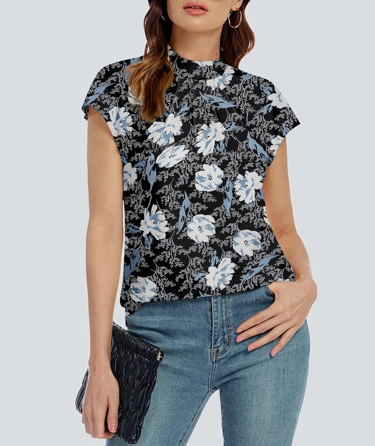 Funlingo Womens Summer Tops Mock Neck Short Cap Sleeve Blouses Business Casual Work Chiffon Shirts Front Pleated Tunic Top