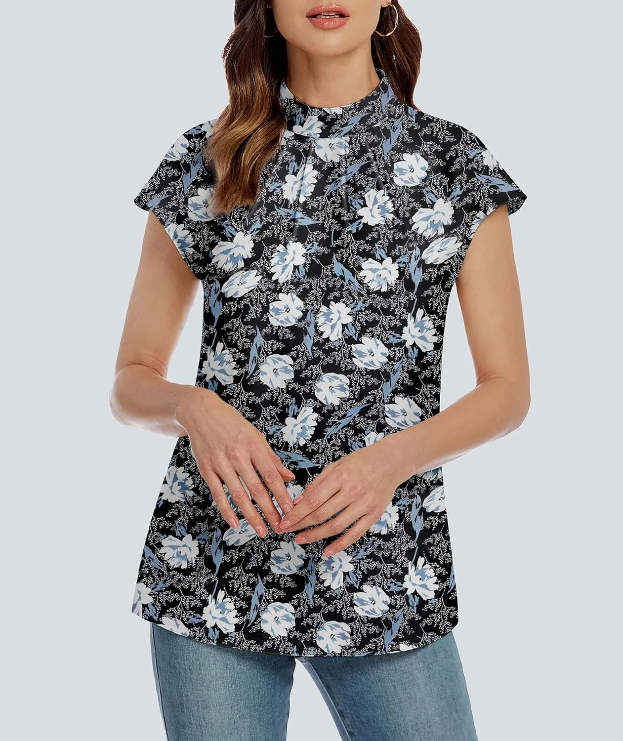 Funlingo Womens Summer Tops Mock Neck Short Cap Sleeve Blouses Business Casual Work Chiffon Shirts Front Pleated Tunic Top