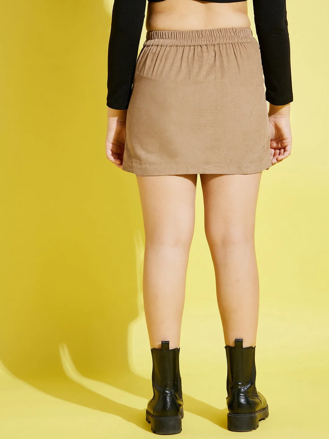 Girls Beige Corduroy Side Zipper Mini Skirt - Lyush Kids