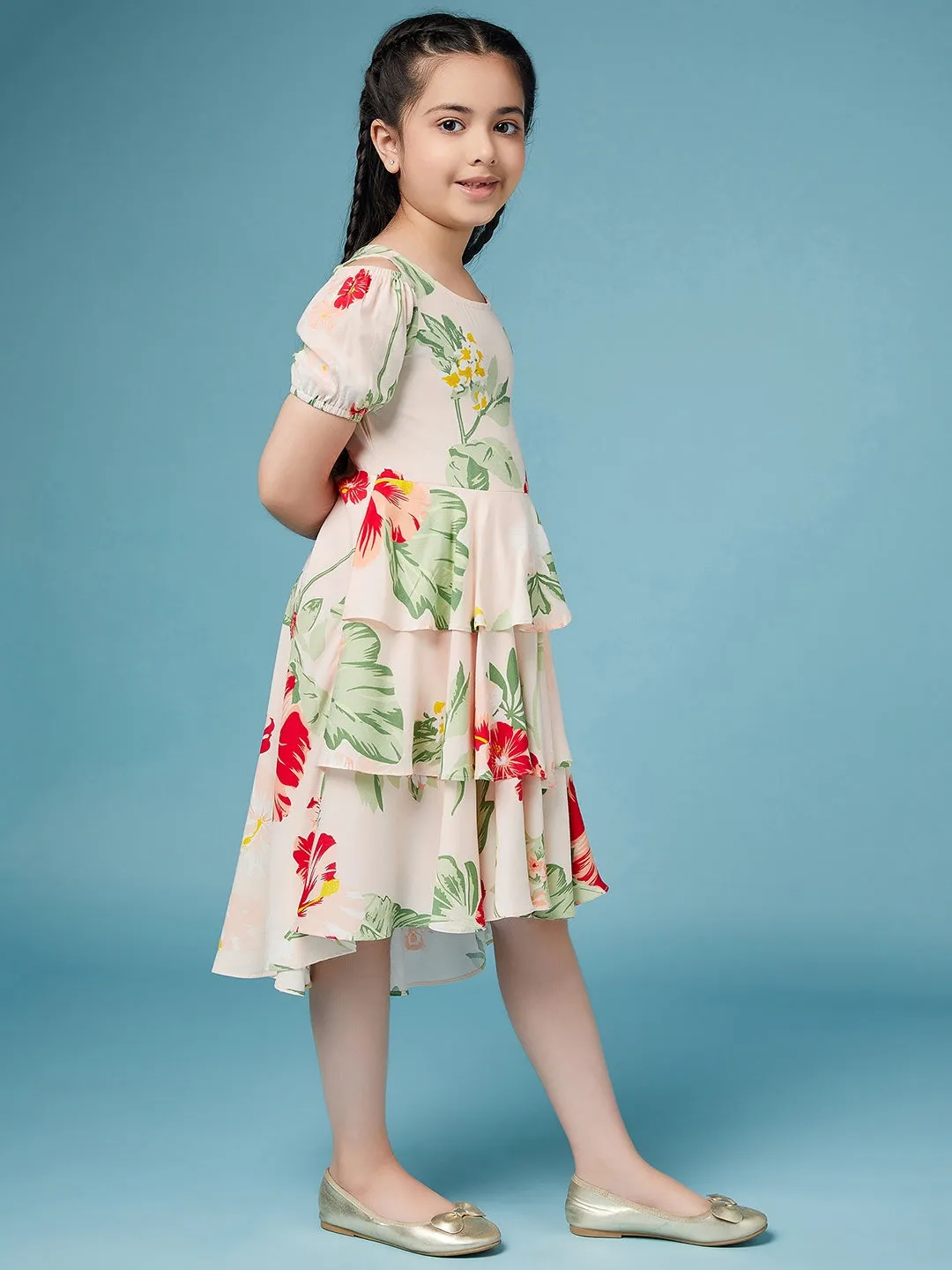Girls High Low Layered Floral Printed Dress - Ps Peaches
