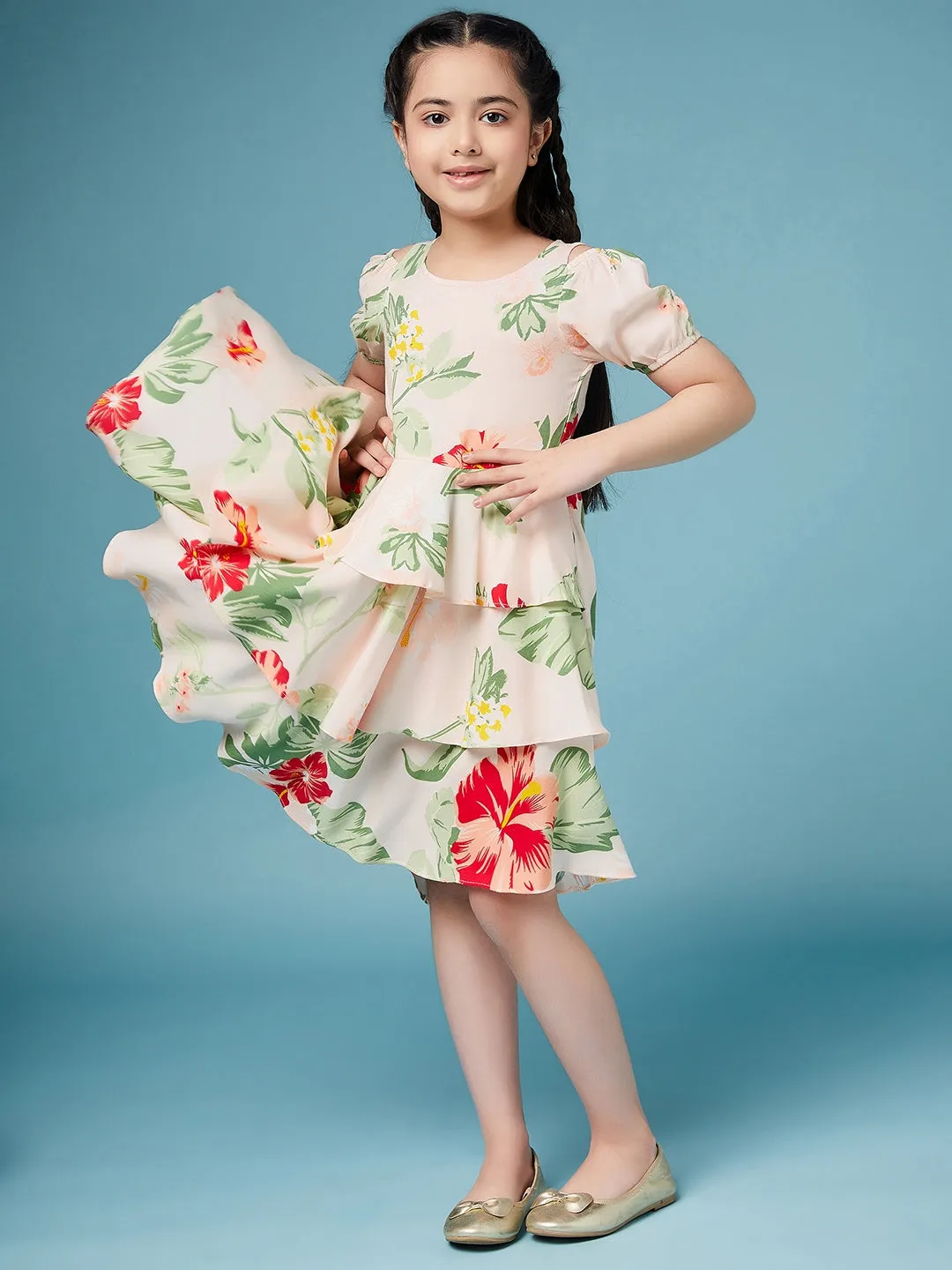 Girls High Low Layered Floral Printed Dress - Ps Peaches