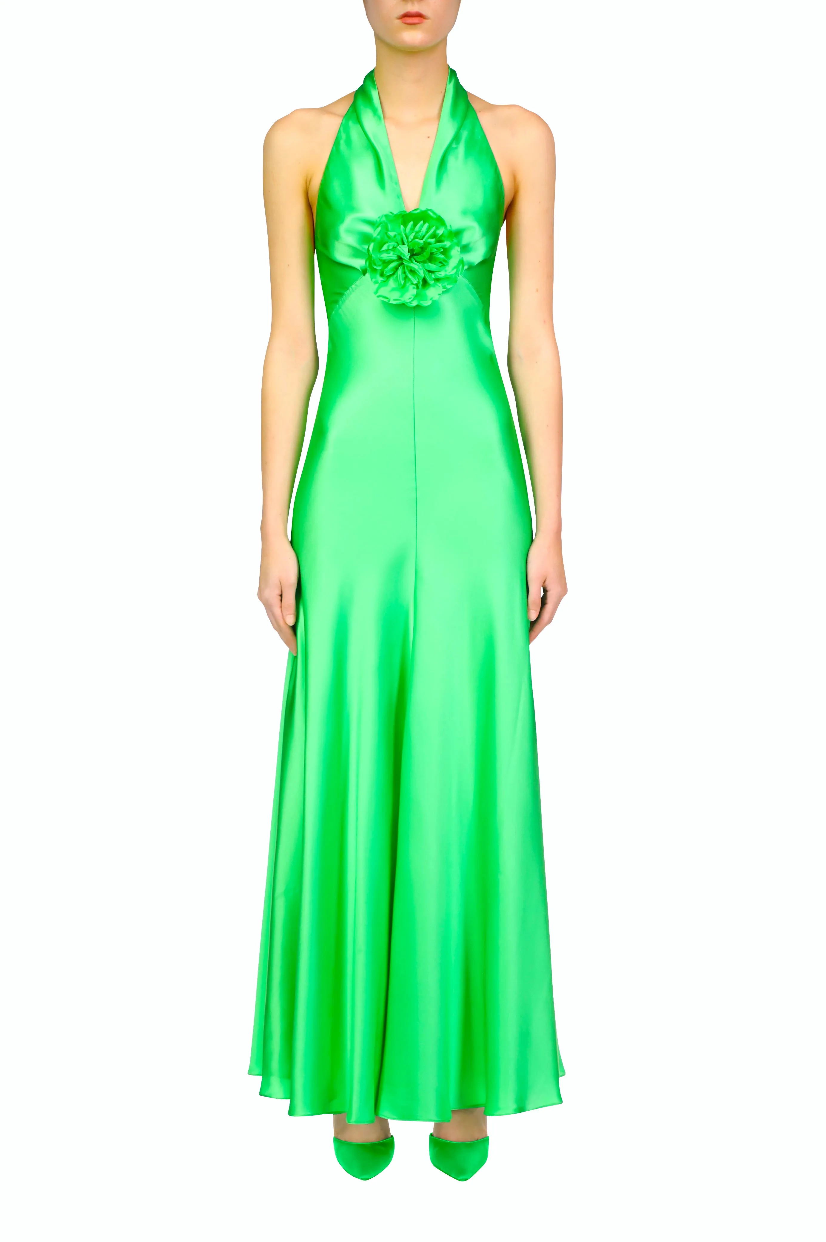 Green Silk Satin Halter Dress With Silk Flower Pin