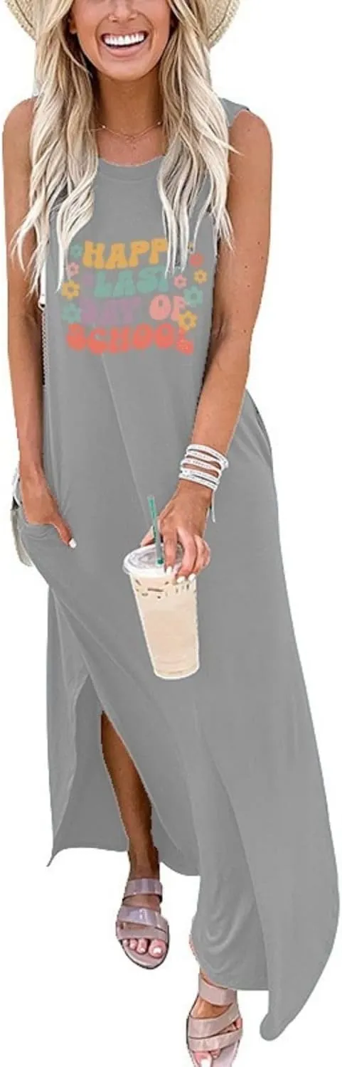 Happy Last Day of School Dress for Women Teacher Maxi Tank Dress Sleeveless Dresses with Pocket Sleeveless Dress