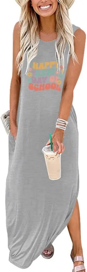Happy Last Day of School Dress for Women Teacher Maxi Tank Dress Sleeveless Dresses with Pocket Sleeveless Dress