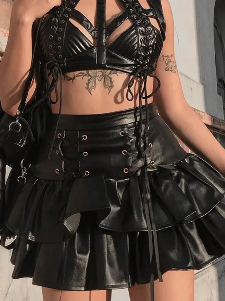 High Waist Black PU Ruffled Skirt