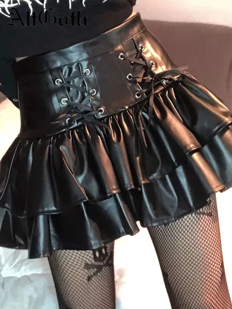 High Waist Black PU Ruffled Skirt
